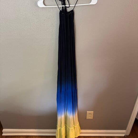 YOUNG FABULOUS AND BROKE Blue and Yellow Ombre Halter Maxi Dress Size Medium - Picture 1 of 9